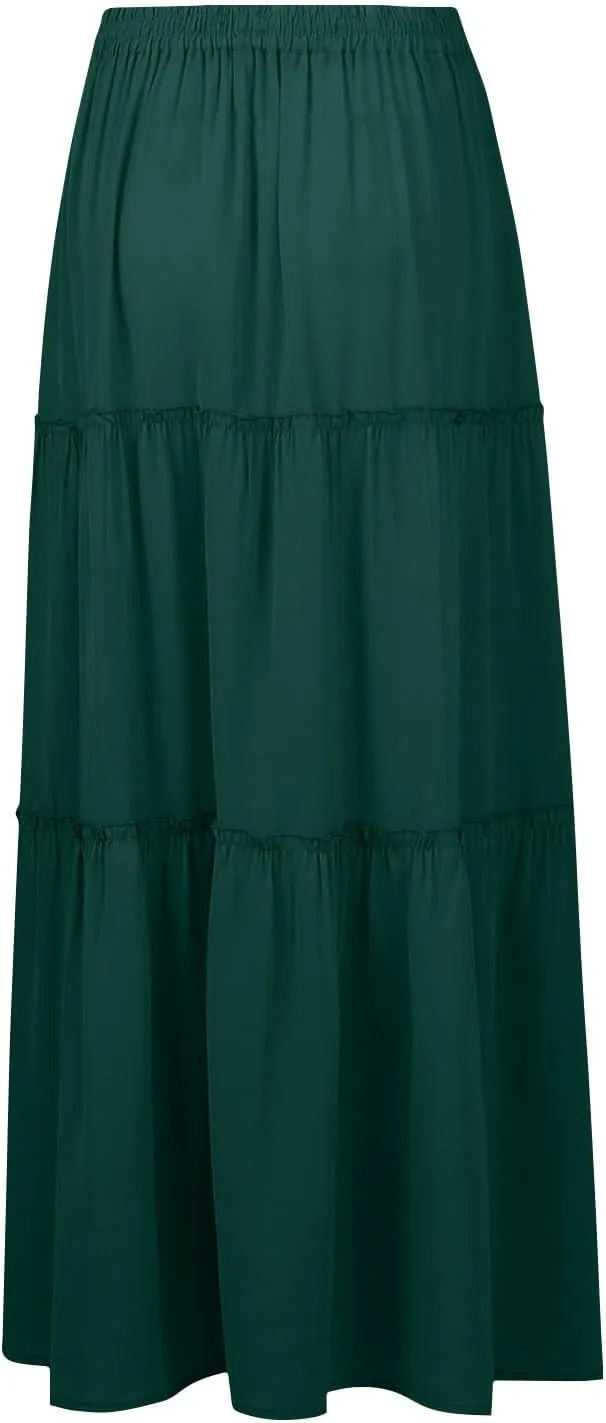 JJHAEVDY Women's Summer Boho Maxi Skirt A-Line Flowy Ruffle Tiered Elastic High Waist Beach Pleated Long Skirts with Pockets