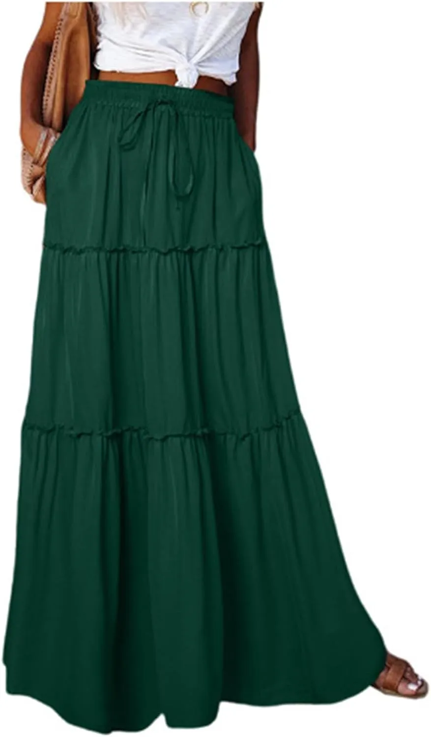 JJHAEVDY Women's Summer Boho Maxi Skirt A-Line Flowy Ruffle Tiered Elastic High Waist Beach Pleated Long Skirts with Pockets