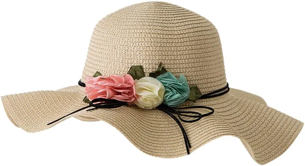 Ladies Wide Straw Foldable Travel Flower Sun Hat Summer Beach Caps Summer Fedoras Boater Hat Foldable Brim Summer Hat
