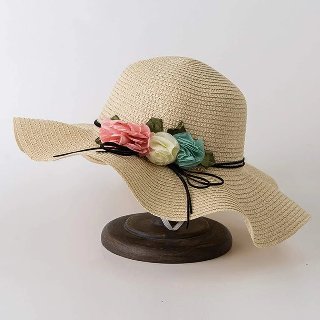 Ladies Wide Straw Foldable Travel Flower Sun Hat Summer Beach Caps Summer Fedoras Boater Hat Foldable Brim Summer Hat