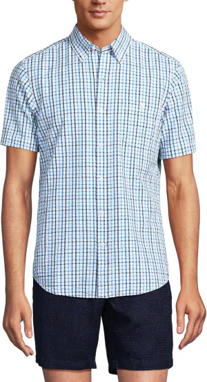 Lands' End Mens Traditional Fit Seersucker Shirt Royal Cobalt Tattersall Regular Small