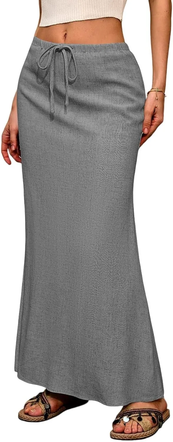 Linen Maxi Skirt A-Line for Women Summer Flowy Skirt with Slit Drawstring Elastic High Waisted Long Skirts (S-2Xl)