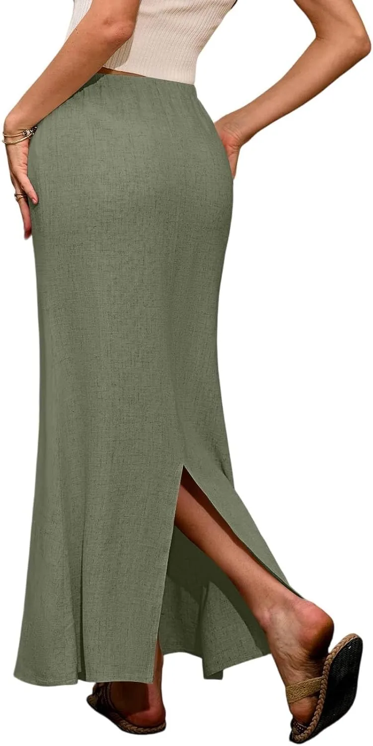 Linen Maxi Skirt A-Line for Women Summer Flowy Skirt with Slit Drawstring Elastic High Waisted Long Skirts (S-2Xl)
