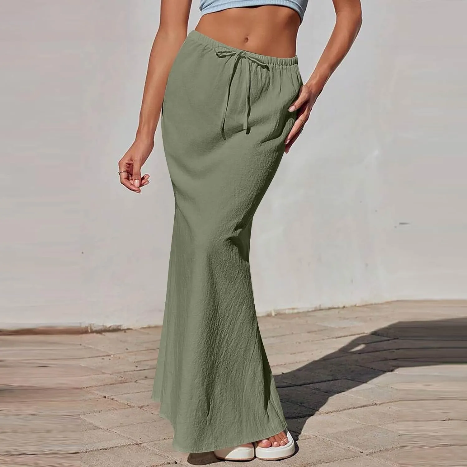 Linen Maxi Skirt A-Line for Women Summer Flowy Skirt with Slit Drawstring Elastic High Waisted Long Skirts (S-2Xl)