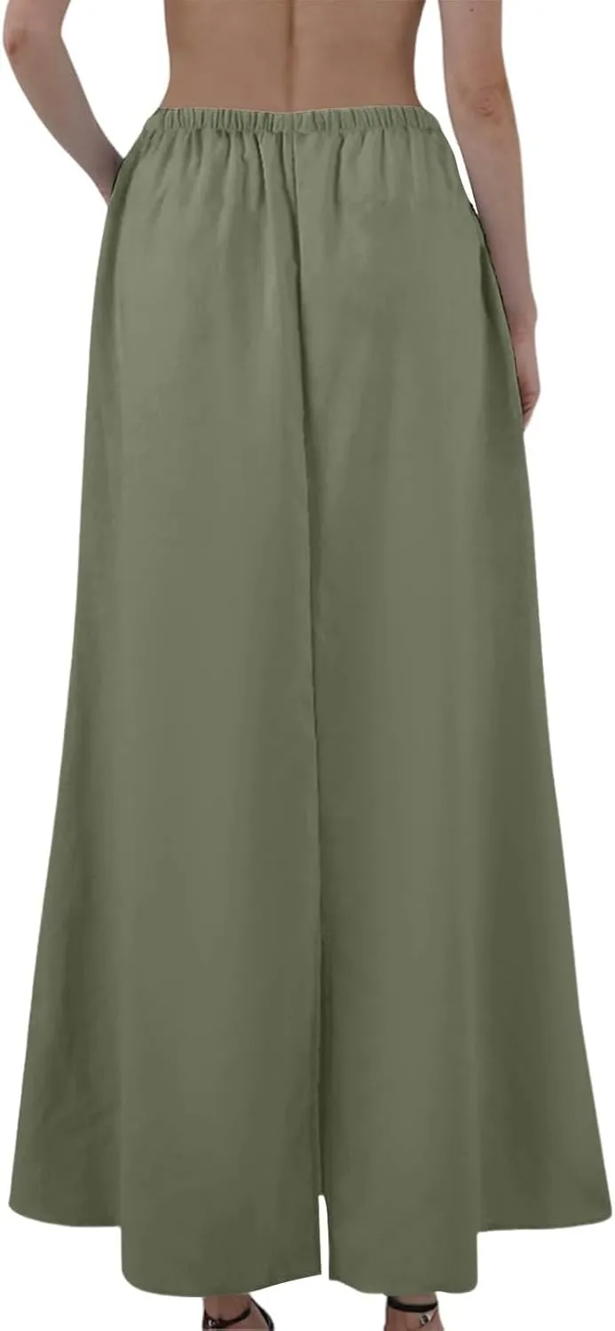 Linen Maxi Skirt A-Line for Women Summer Flowy Skirt with Slit Drawstring Elastic High Waisted Long Skirts (S-2Xl)