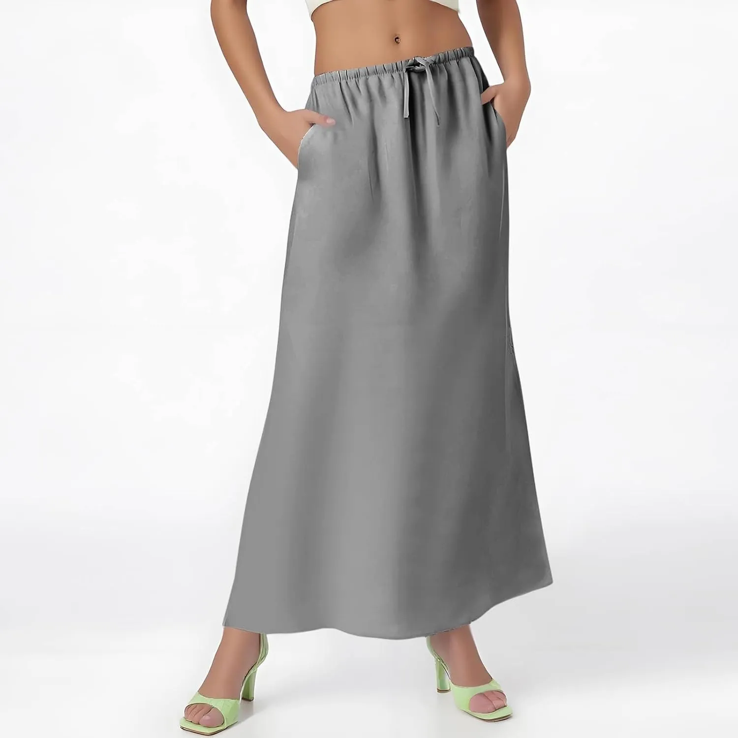 Linen Maxi Skirt A-Line for Women Summer Flowy Skirt with Slit Drawstring Elastic High Waisted Long Skirts (S-2Xl)