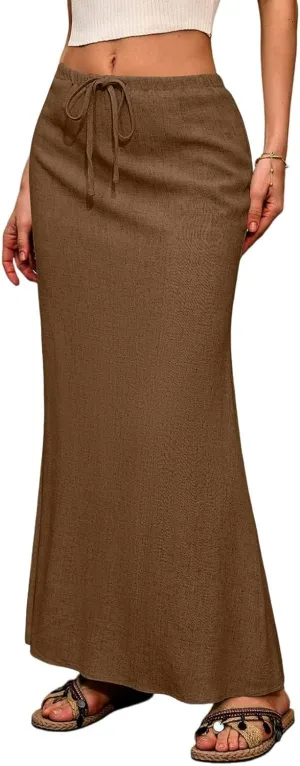 Linen Maxi Skirt A-Line for Women Summer Flowy Skirt with Slit Drawstring Elastic High Waisted Long Skirts (S-2Xl)