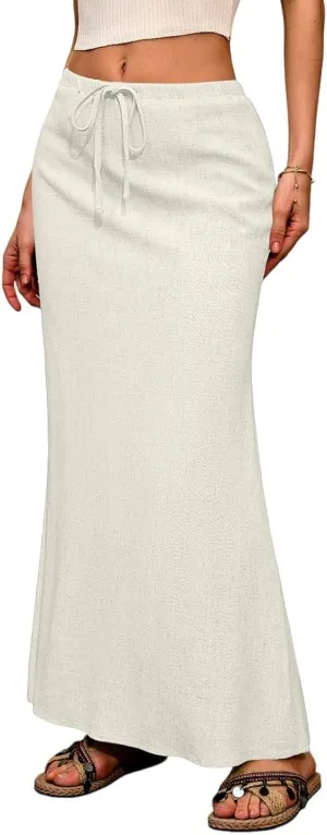 Linen Maxi Skirt A-Line for Women Summer Flowy Skirt with Slit Drawstring Elastic High Waisted Long Skirts (S-2Xl)