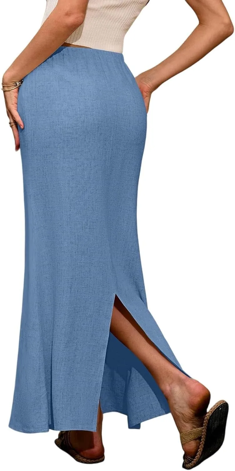 Linen Maxi Skirt A-Line for Women Summer Flowy Skirt with Slit Drawstring Elastic High Waisted Long Skirts (S-2Xl)