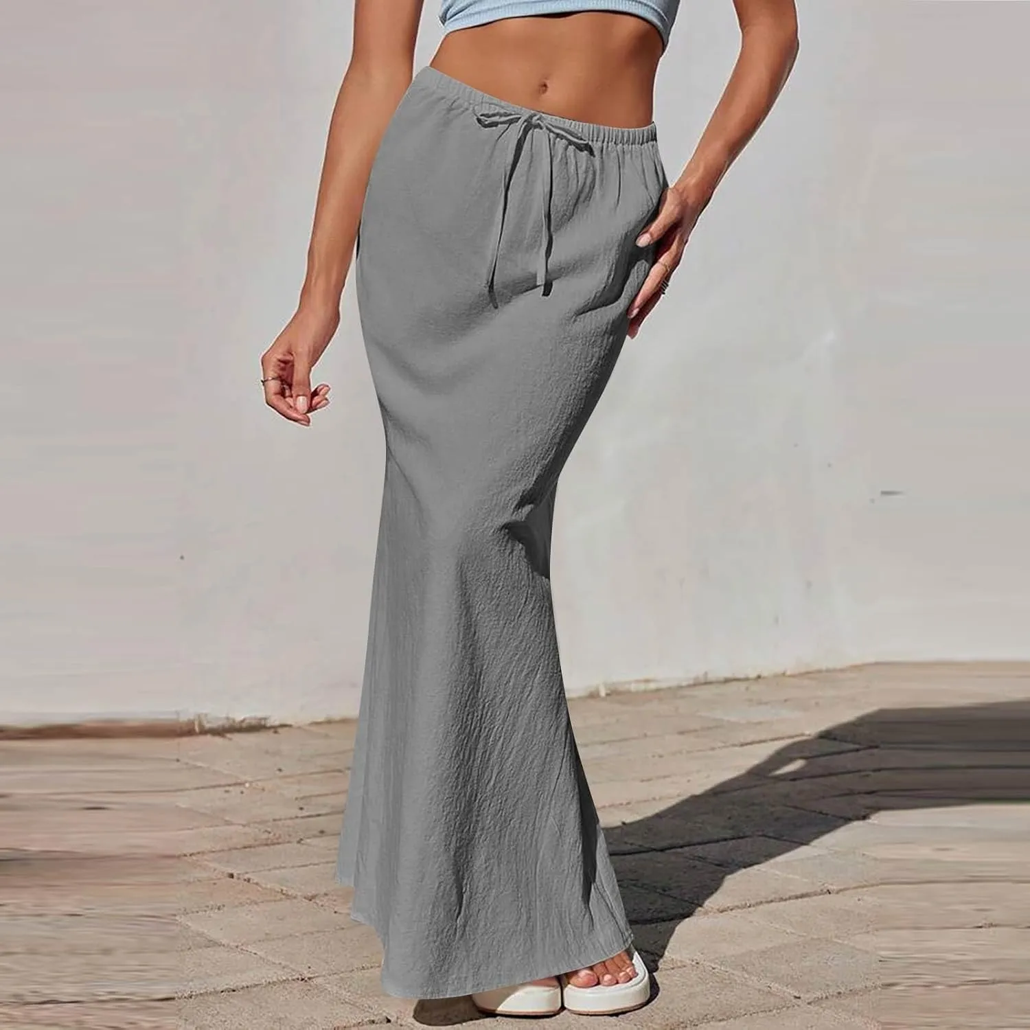 Linen Maxi Skirts for Women 2025 Summer Drawstring Elastic High Waisted A Line Skirts with Slit Beach Skirt Long