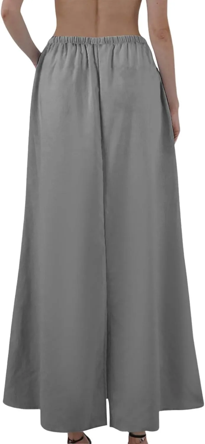 Linen Maxi Skirts for Women 2025 Summer Drawstring Elastic High Waisted A Line Skirts with Slit Beach Skirt Long