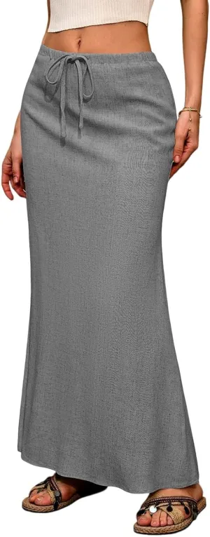 Linen Maxi Skirts for Women 2025 Summer Drawstring Elastic High Waisted A Line Skirts with Slit Beach Skirt Long