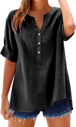 Linen Shirt for Women Half Sleeve Button Oversize T Shirt Lightweight Summer Fashion Tops Causal Dressy Daily Top