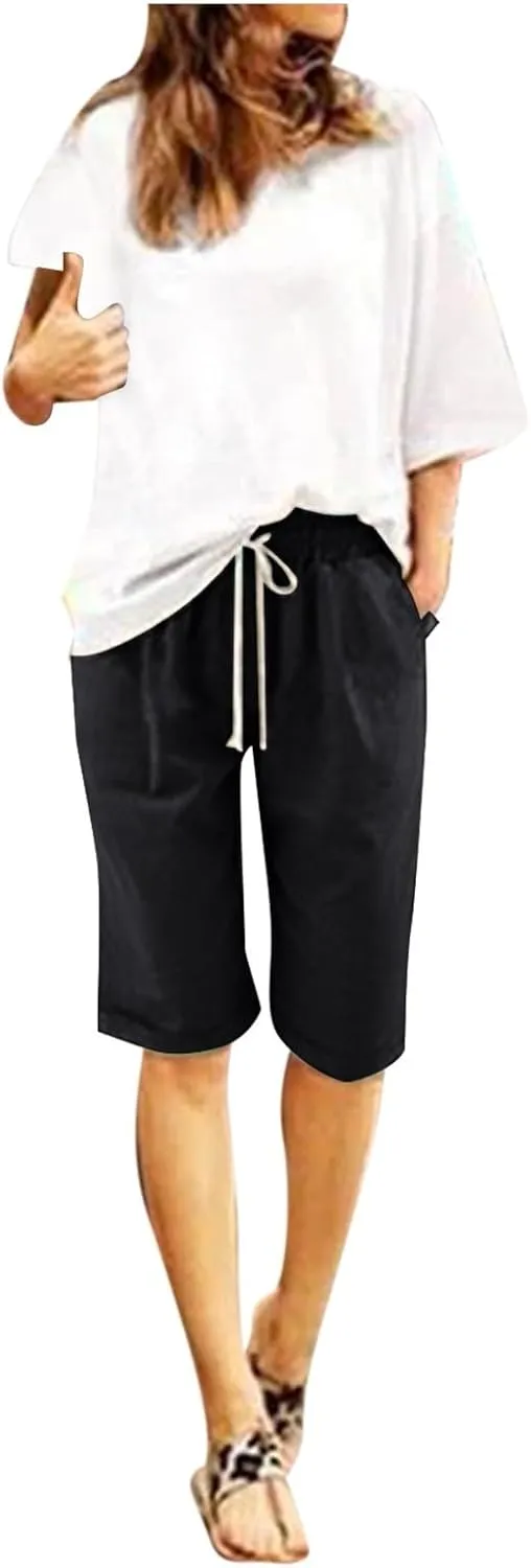 Linen Shorts for Women Summer Fashion High Waisted Bermuda Shorts Knee Length Elastic Waist Drawstring Shorts, Large