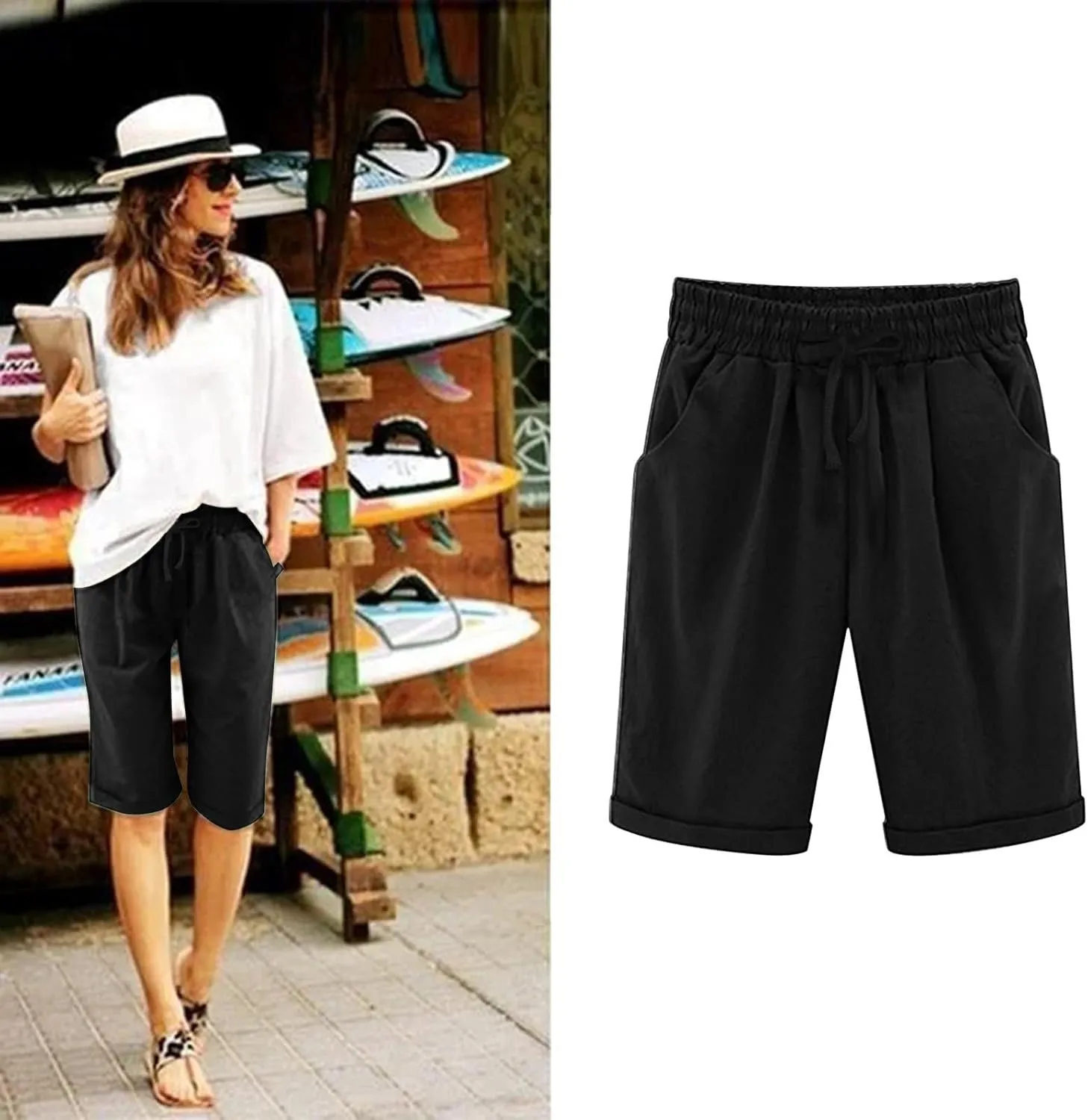 Linen Shorts for Women Summer Fashion High Waisted Bermuda Shorts Knee Length Elastic Waist Drawstring Shorts, Large