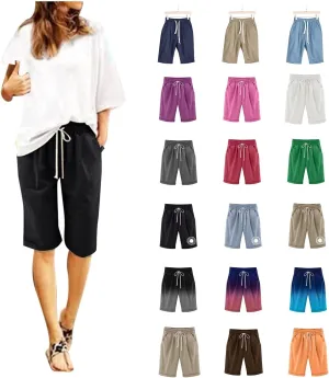 Linen Shorts for Women Summer Fashion High Waisted Bermuda Shorts Knee Length Elastic Waist Drawstring Shorts, Large