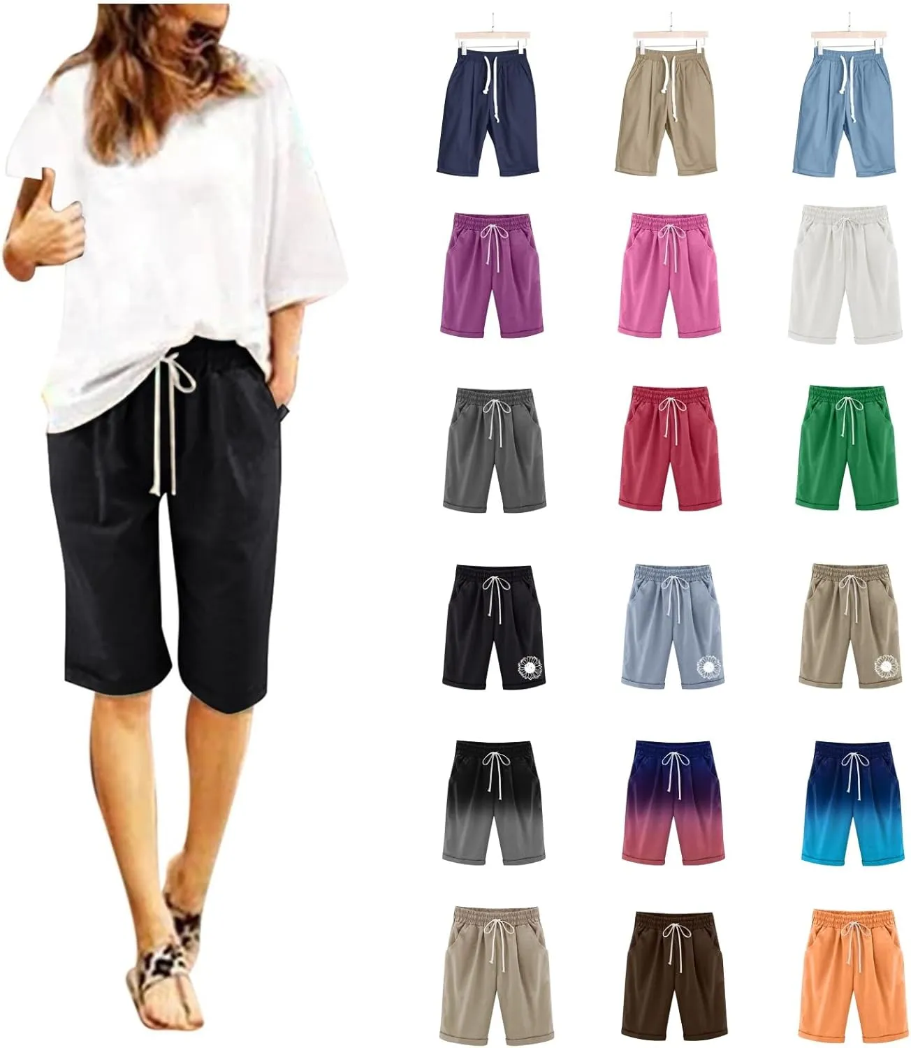 Linen Shorts for Women Summer Fashion High Waisted Bermuda Shorts Knee Length Elastic Waist Drawstring Shorts, Large