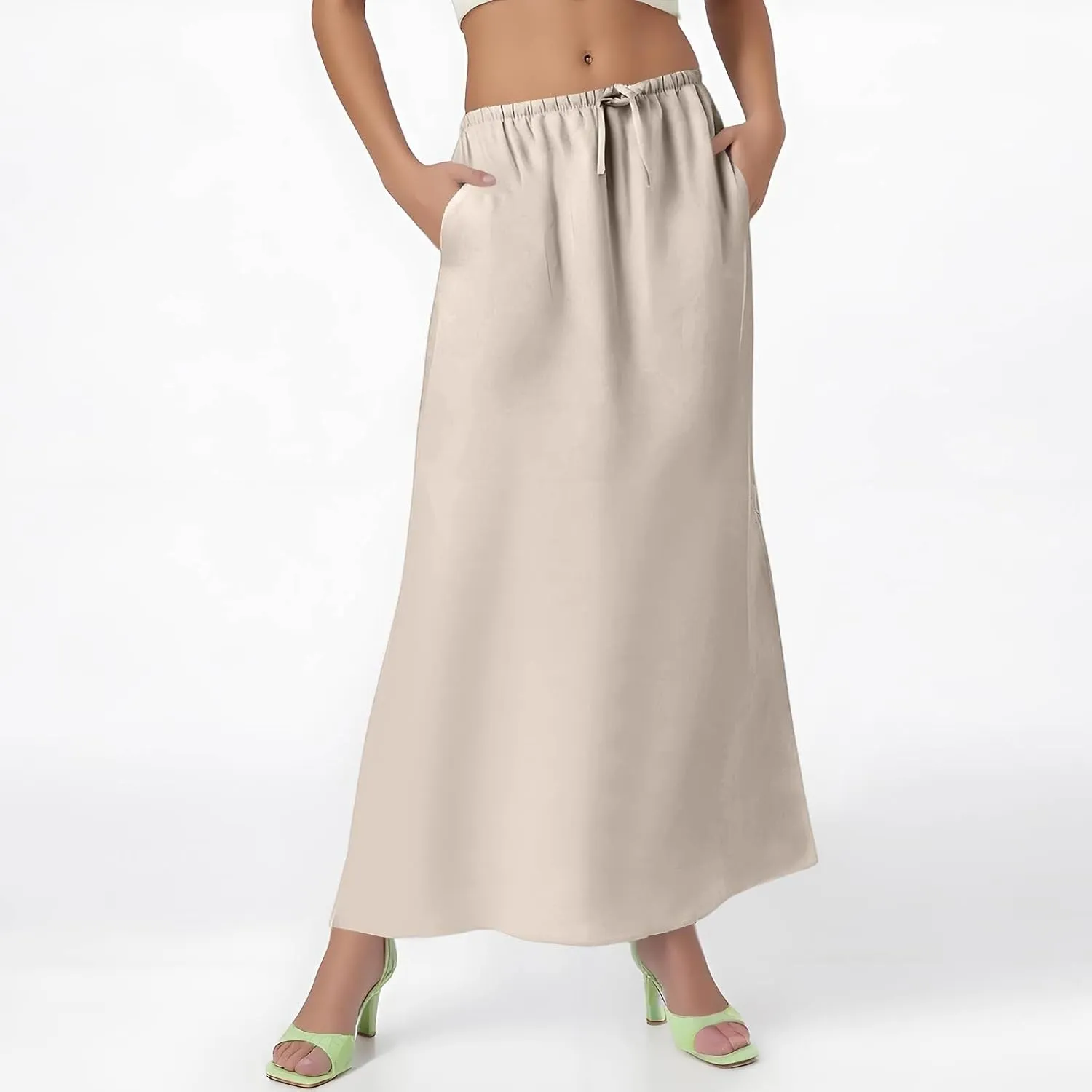 Linen Skirt for Women Long Maxi Boho Skirt Summer Beach Skirts Drawstring Elastic High Waisted A-Line Skirts with Slit