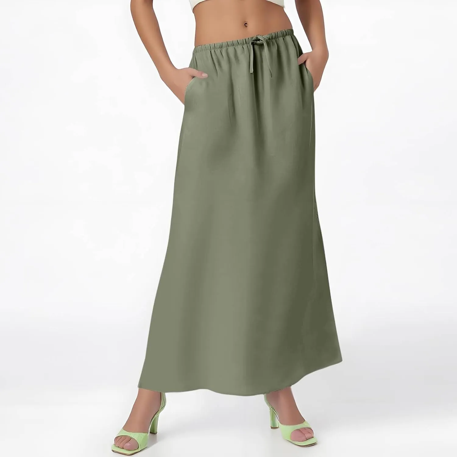 Linen Skirt for Women Long Maxi Boho Skirt Summer Beach Skirts Drawstring Elastic High Waisted A-Line Skirts with Slit