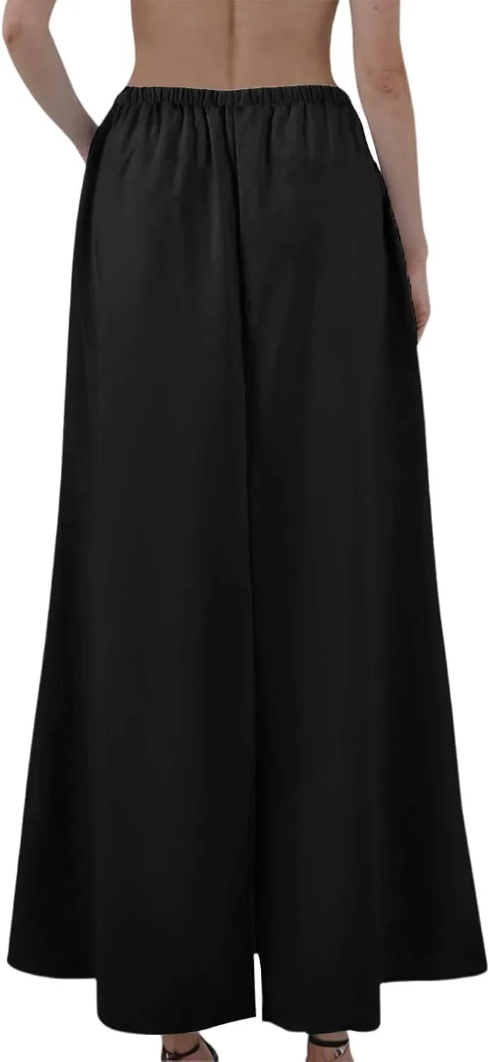 Linen Skirt for Women Long Maxi Boho Skirt Summer Beach Skirts Drawstring Elastic High Waisted A-Line Skirts with Slit