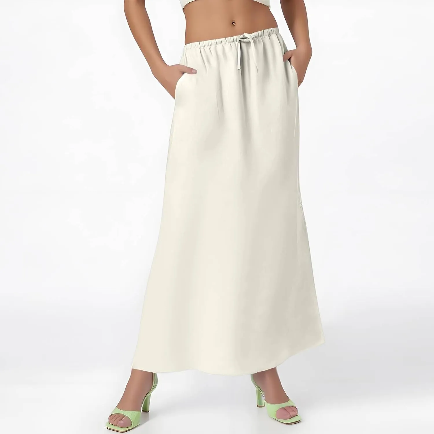 Linen Skirt for Women Long Maxi Boho Skirt Summer Beach Skirts Drawstring Elastic High Waisted A-Line Skirts with Slit