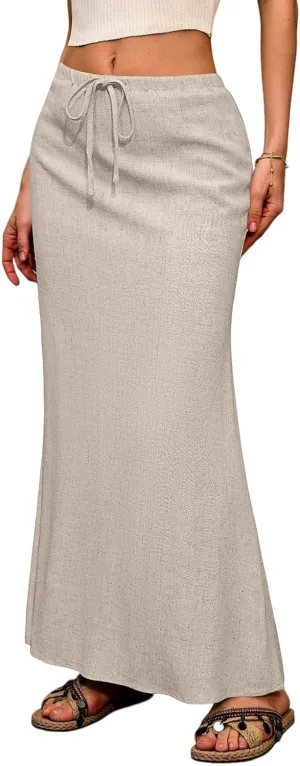 Linen Skirt for Women Long Maxi Boho Skirt Summer Beach Skirts Drawstring Elastic High Waisted A-Line Skirts with Slit