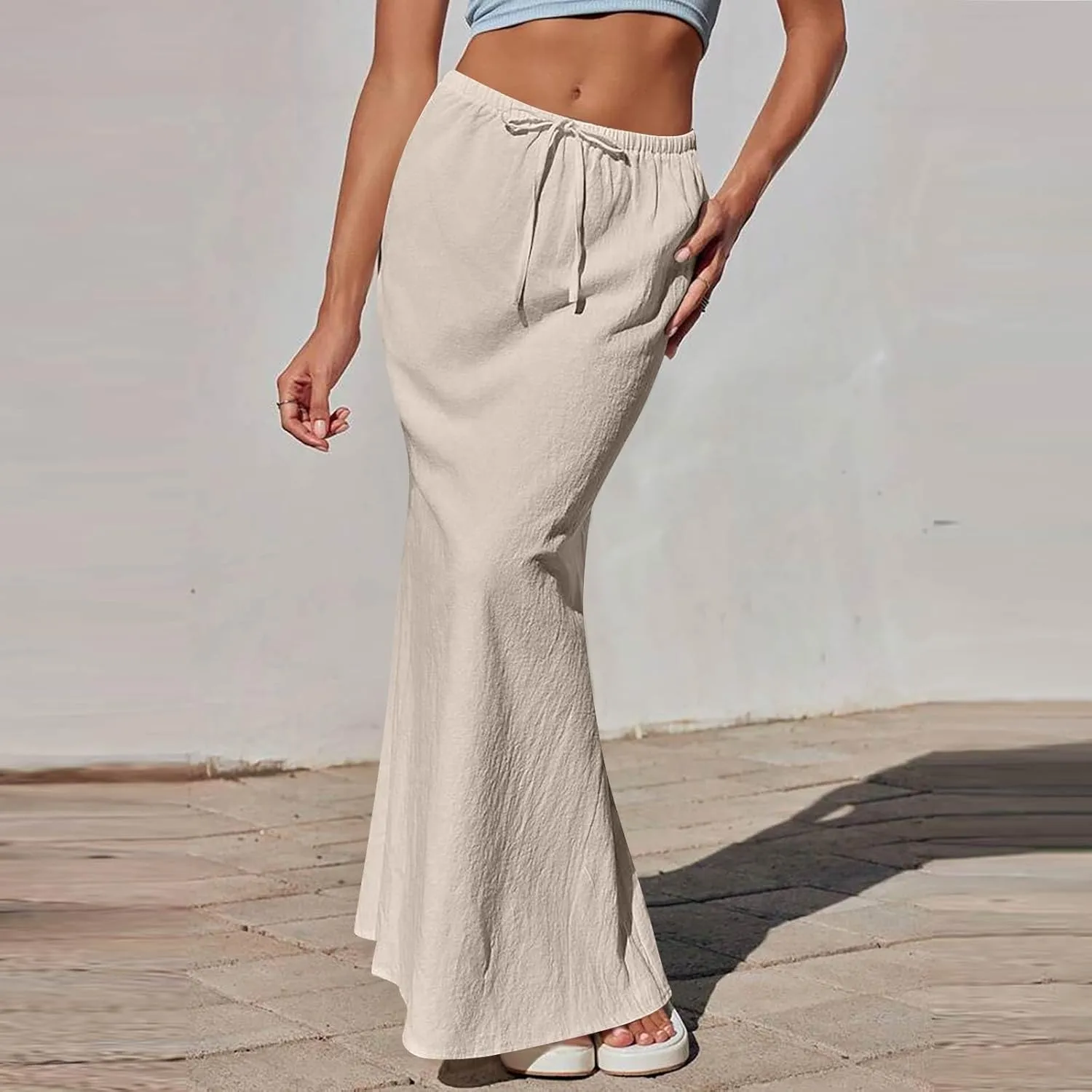 Linen Skirt for Women Long Maxi Boho Skirt Summer Beach Skirts Drawstring Elastic High Waisted A-Line Skirts with Slit
