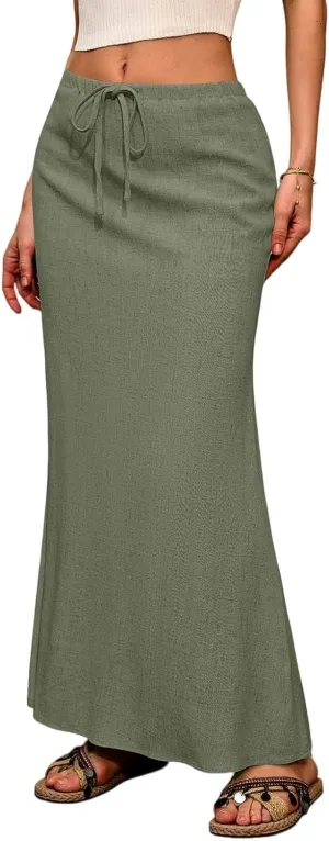 Linen Skirt for Women Long Maxi Boho Skirt Summer Beach Skirts Drawstring Elastic High Waisted A-Line Skirts with Slit