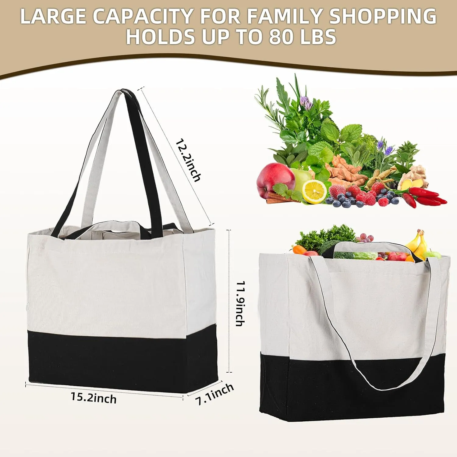 LINICE Reusable Grocery Bags Shopping Bags for Groceries Foldable Heavy Duty Canvas Tote Bag Washable Canvas Bag with Handles (Black-6pack)
