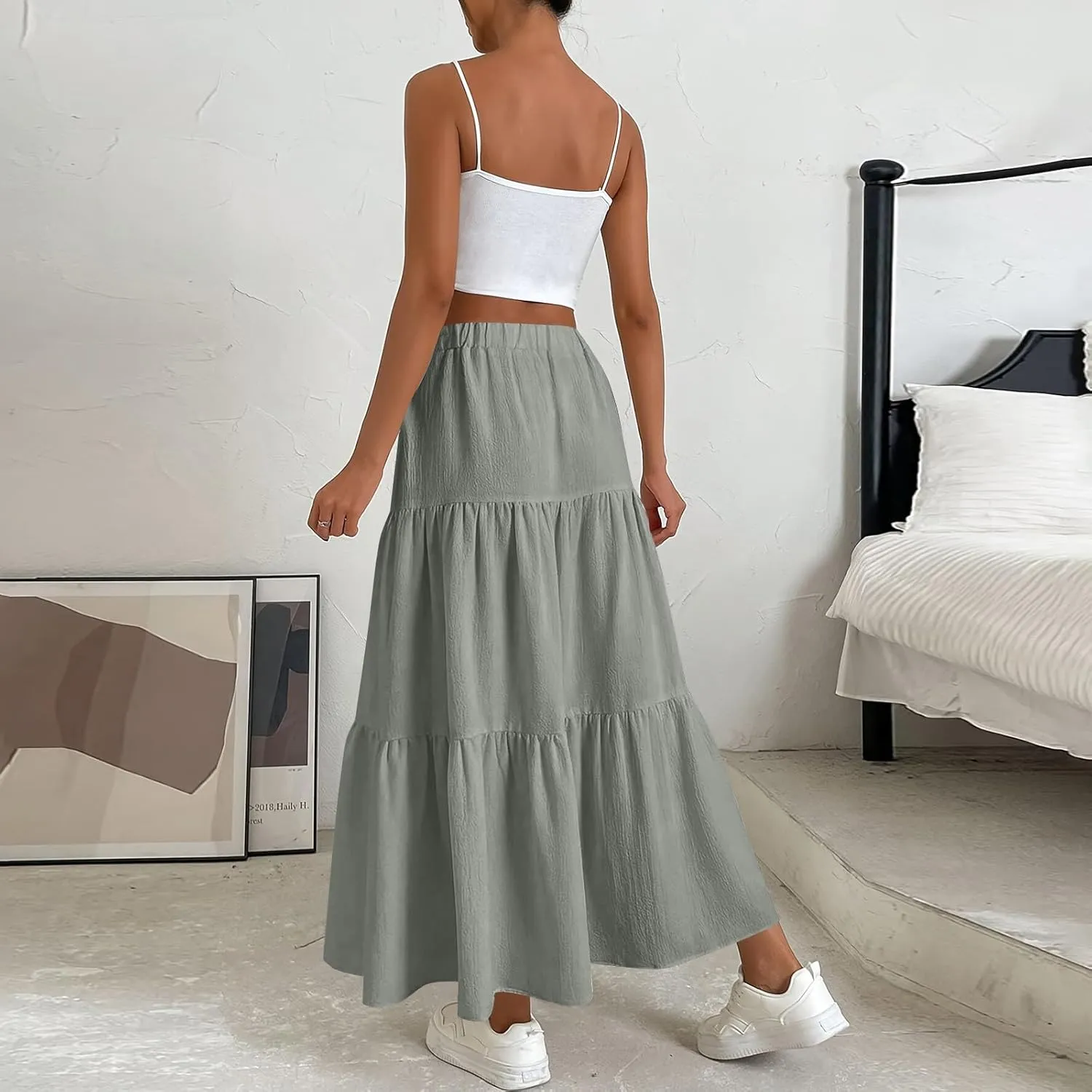 Long Skirts for Women Summer Maxi Skirt Drawstring Elastic High Waisted Layered Tiered A-Line Skirts Swing Skirt