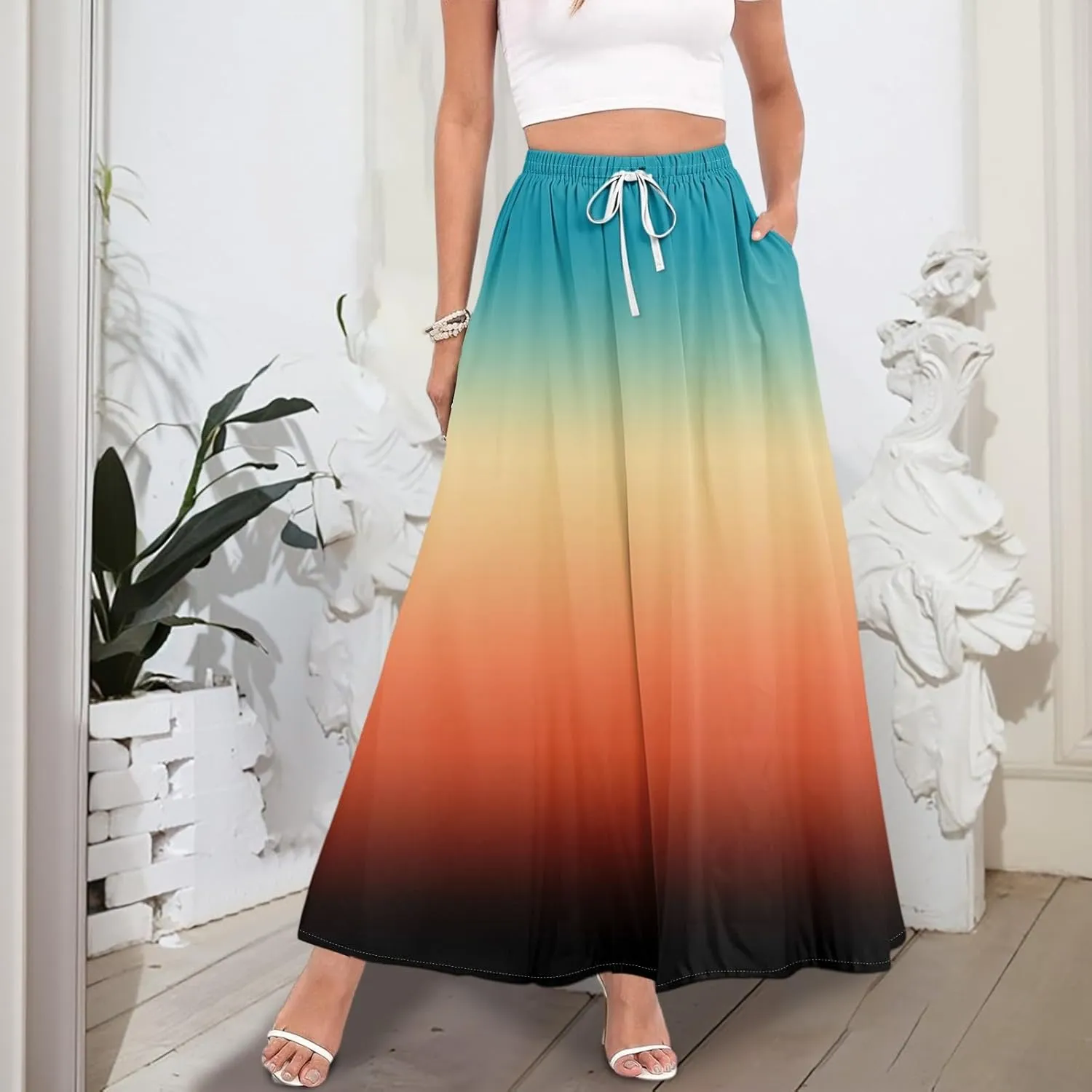 Long Skirts for Women Summer Maxi Skirt Drawstring High Waisted Ruffle A Line Skirt Flowy Beach Skirts with Pockets