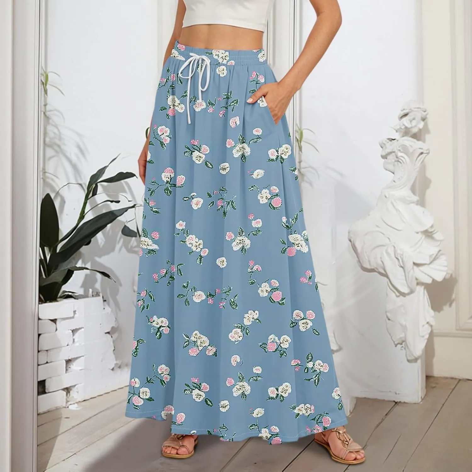 Long Skirts for Women Summer Maxi Skirt Drawstring High Waisted Ruffle A Line Skirt Flowy Beach Skirts with Pockets