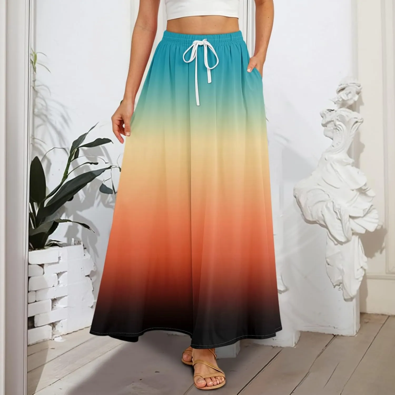 Long Skirts for Women Summer Maxi Skirt Drawstring High Waisted Ruffle A Line Skirt Flowy Beach Skirts with Pockets