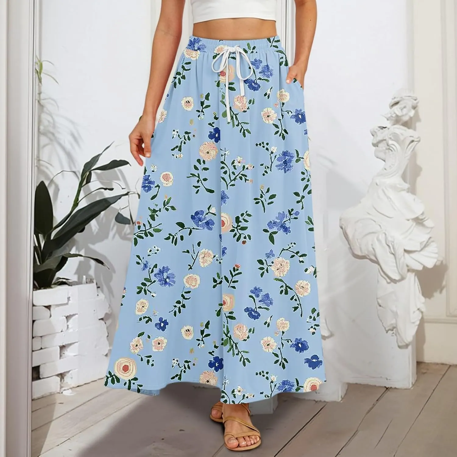 Long Skirts for Women Summer Maxi Skirt Drawstring High Waisted Ruffle A Line Skirt Flowy Beach Skirts with Pockets