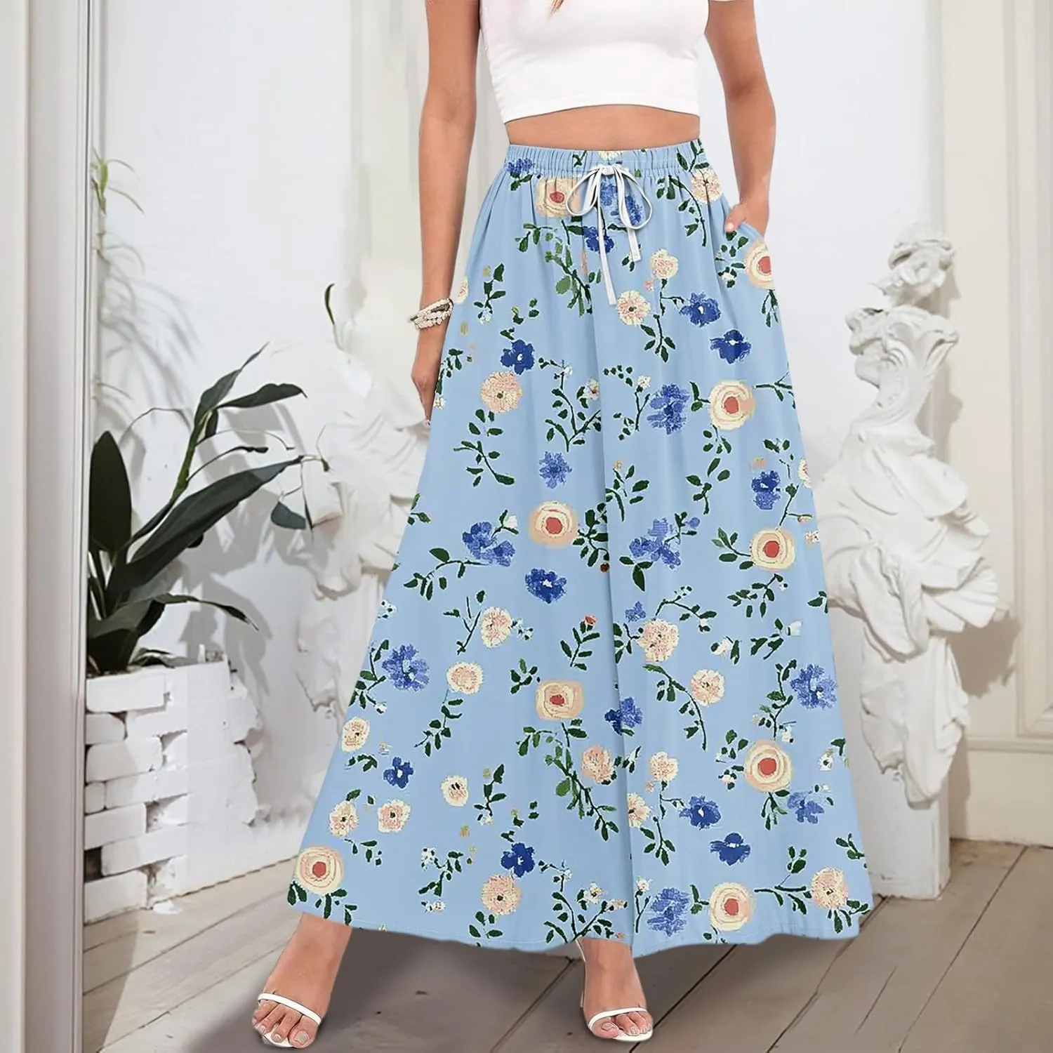 Long Skirts for Women Summer Maxi Skirt Drawstring High Waisted Ruffle A Line Skirt Flowy Beach Skirts with Pockets