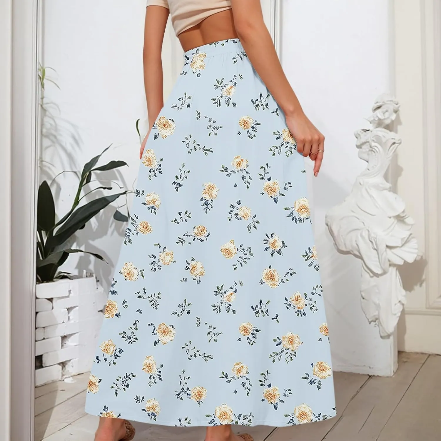 Long Skirts for Women Summer Maxi Skirt Drawstring High Waisted Ruffle A Line Skirt Flowy Beach Skirts with Pockets