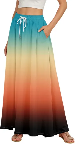Long Skirts for Women Summer Maxi Skirt Drawstring High Waisted Ruffle A Line Skirt Flowy Beach Skirts with Pockets