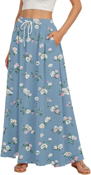 Long Skirts for Women Summer Maxi Skirt Drawstring High Waisted Ruffle A Line Skirt Flowy Beach Skirts with Pockets