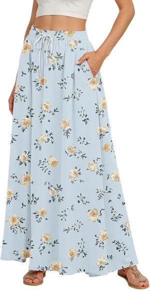 Long Skirts for Women Summer Maxi Skirt Drawstring High Waisted Ruffle A Line Skirt Flowy Beach Skirts with Pockets