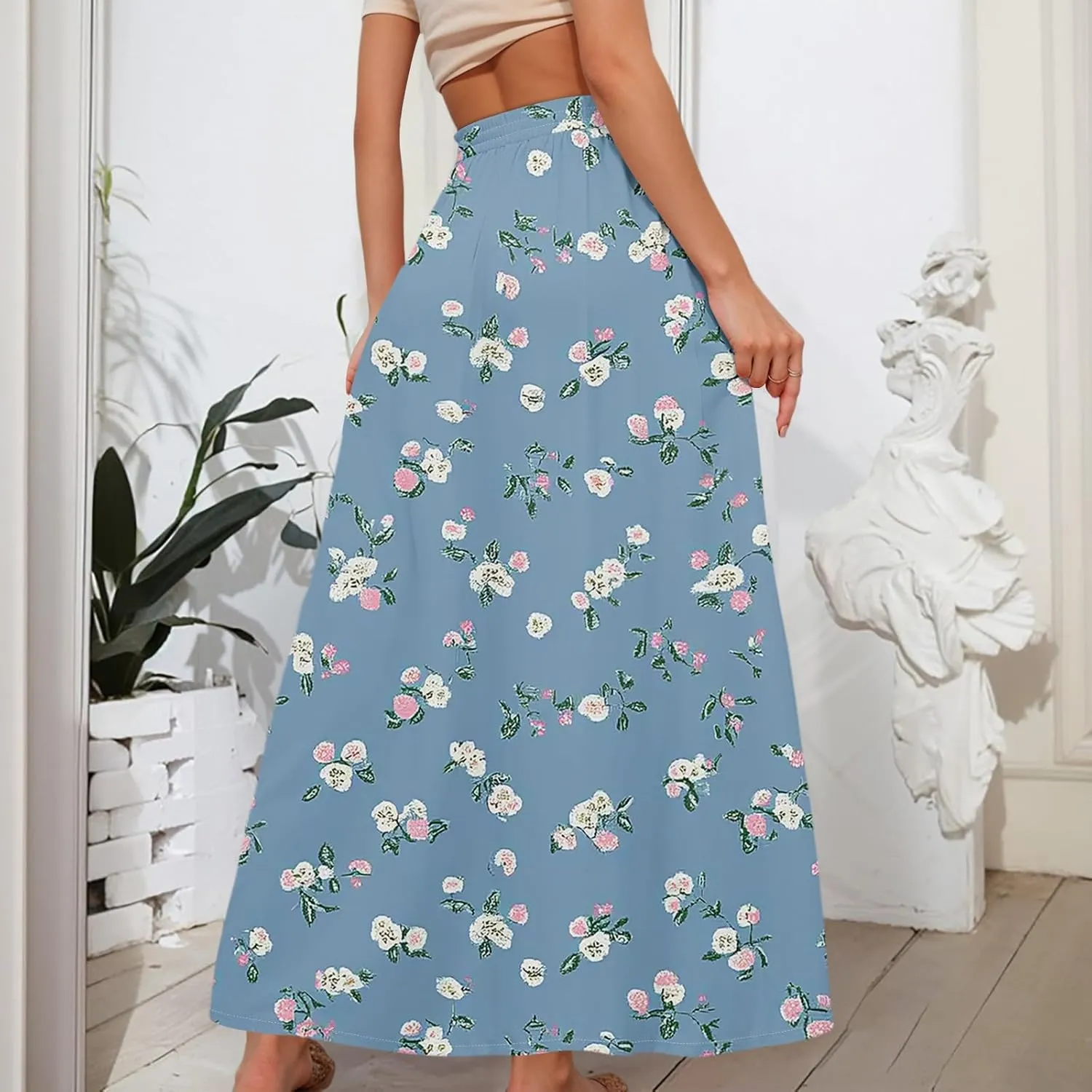 Long Skirts for Women Summer Maxi Skirt Drawstring High Waisted Ruffle A Line Skirt Flowy Beach Skirts with Pockets