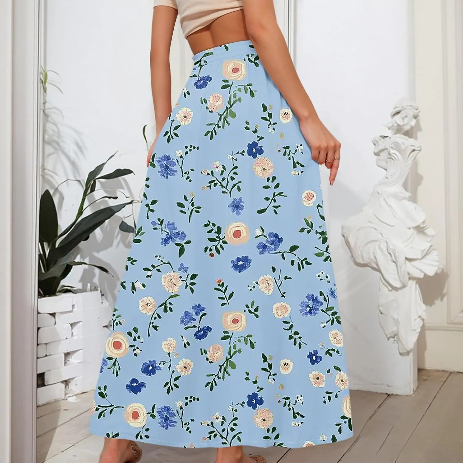 Long Skirts for Women Summer Maxi Skirt Drawstring High Waisted Ruffle A Line Skirt Flowy Beach Skirts with Pockets