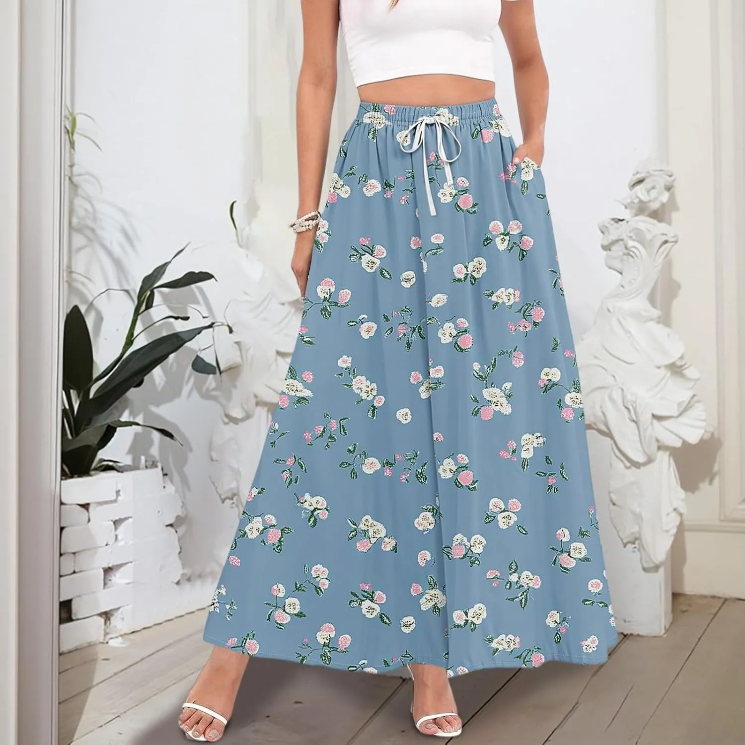 Long Skirts for Women Summer Maxi Skirt Drawstring High Waisted Ruffle A Line Skirt Flowy Beach Skirts with Pockets
