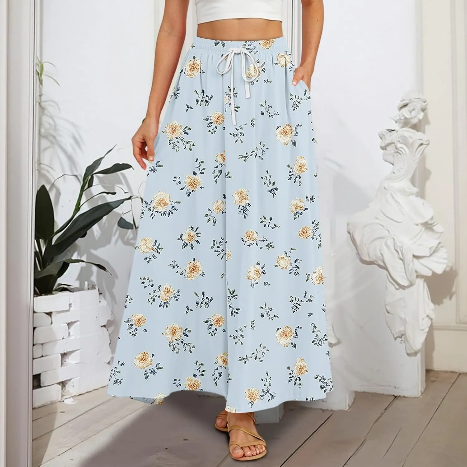Long Skirts for Women Summer Maxi Skirt Drawstring High Waisted Ruffle A Line Skirt Flowy Beach Skirts with Pockets