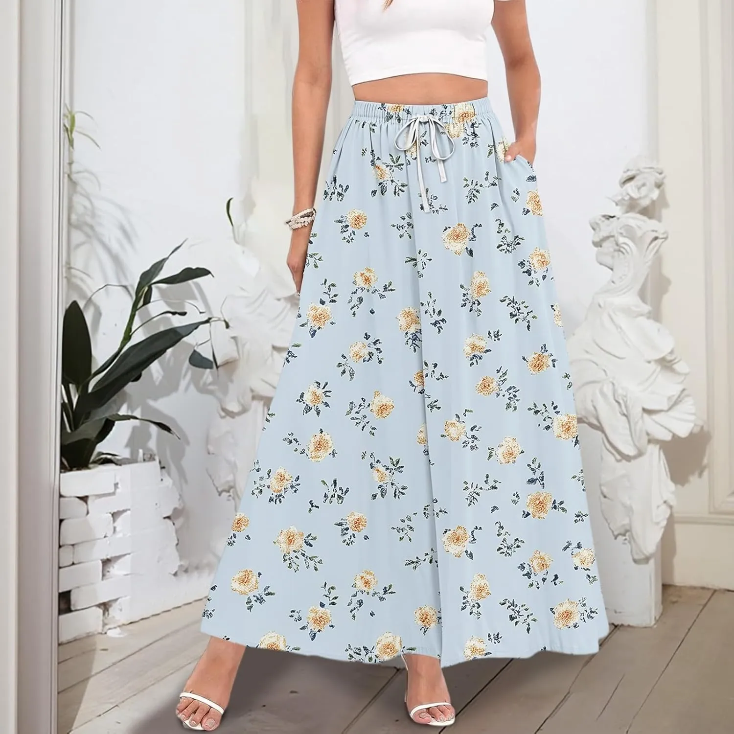 Long Skirts for Women Summer Maxi Skirt Drawstring High Waisted Ruffle A Line Skirt Flowy Beach Skirts with Pockets