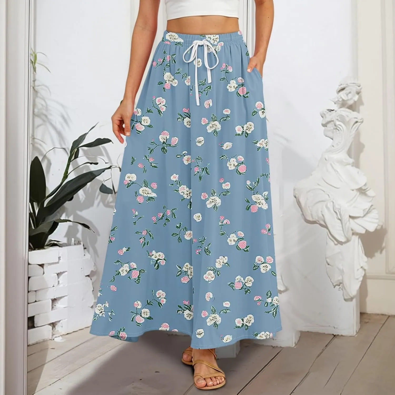 Long Skirts for Women Summer Maxi Skirt Drawstring High Waisted Ruffle A Line Skirt Flowy Beach Skirts with Pockets