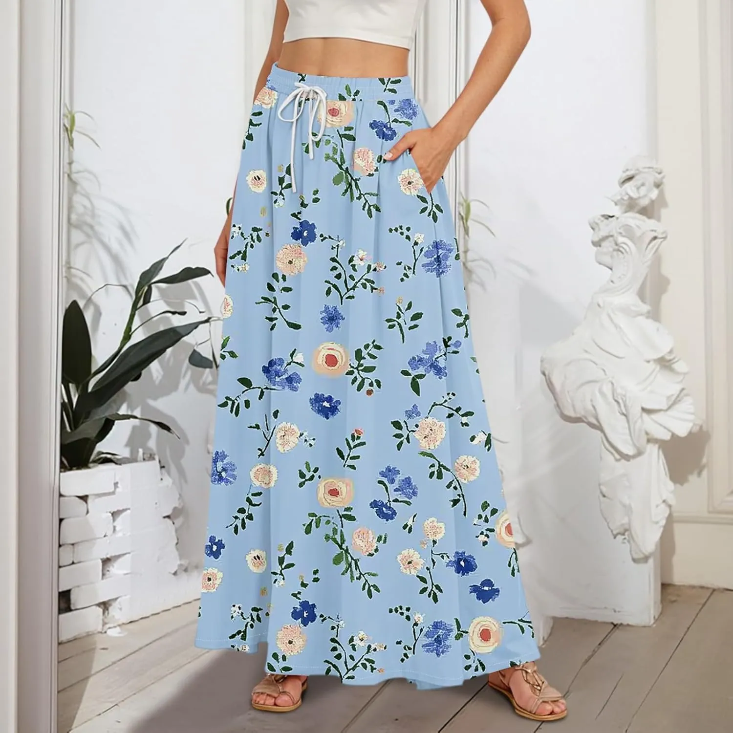 Long Skirts for Women Summer Maxi Skirt Drawstring High Waisted Ruffle A Line Skirt Flowy Beach Skirts with Pockets