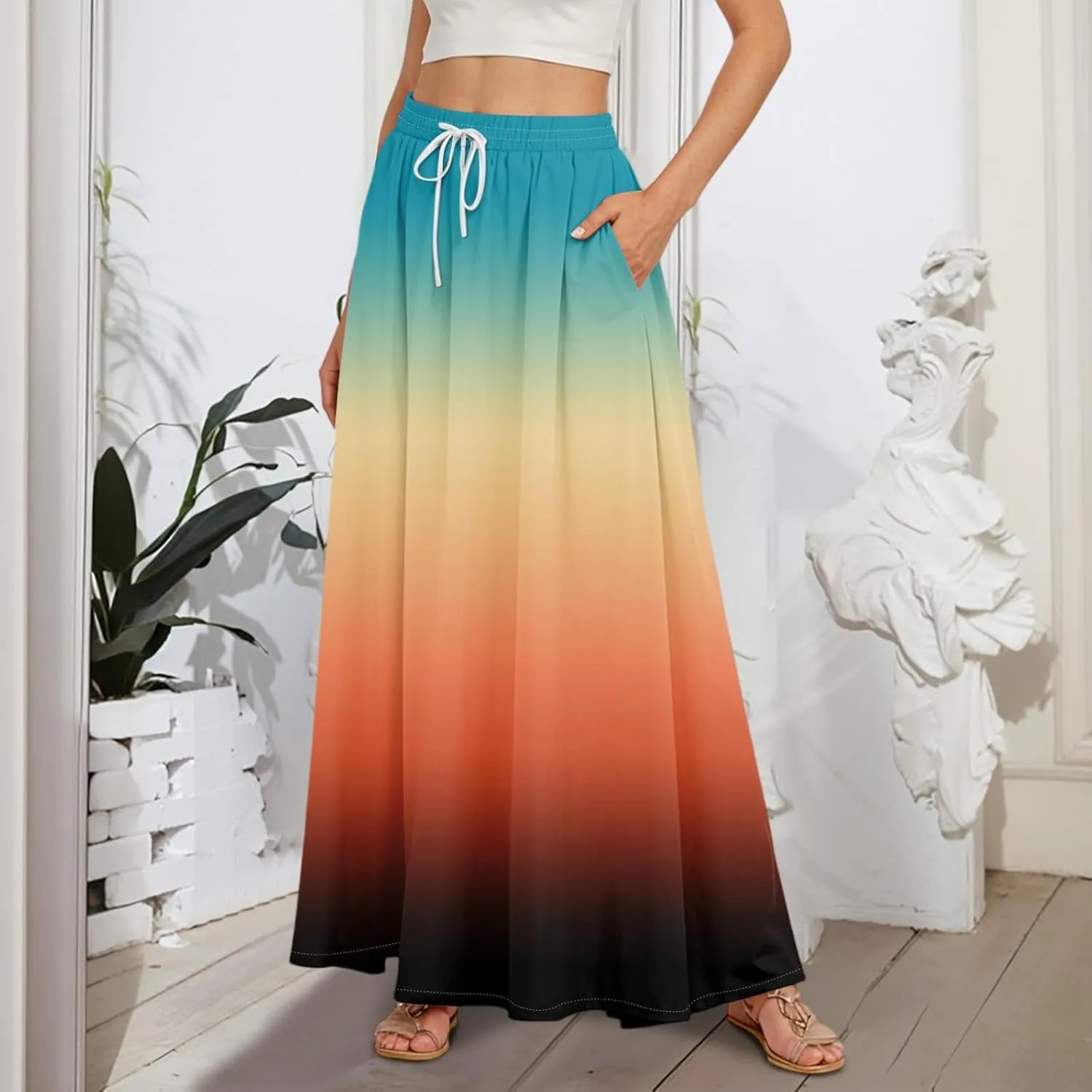 Long Skirts for Women Summer Maxi Skirt Drawstring High Waisted Ruffle A Line Skirt Flowy Beach Skirts with Pockets