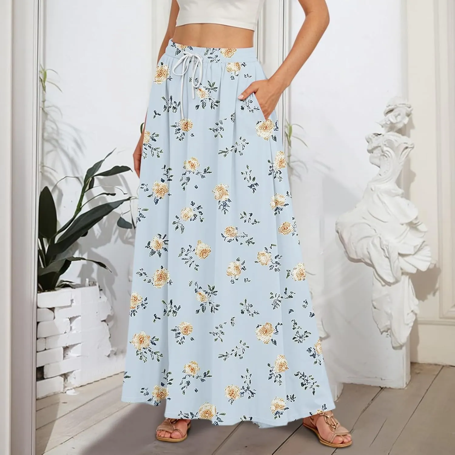 Long Skirts for Women Summer Maxi Skirt Drawstring High Waisted Ruffle A Line Skirt Flowy Beach Skirts with Pockets