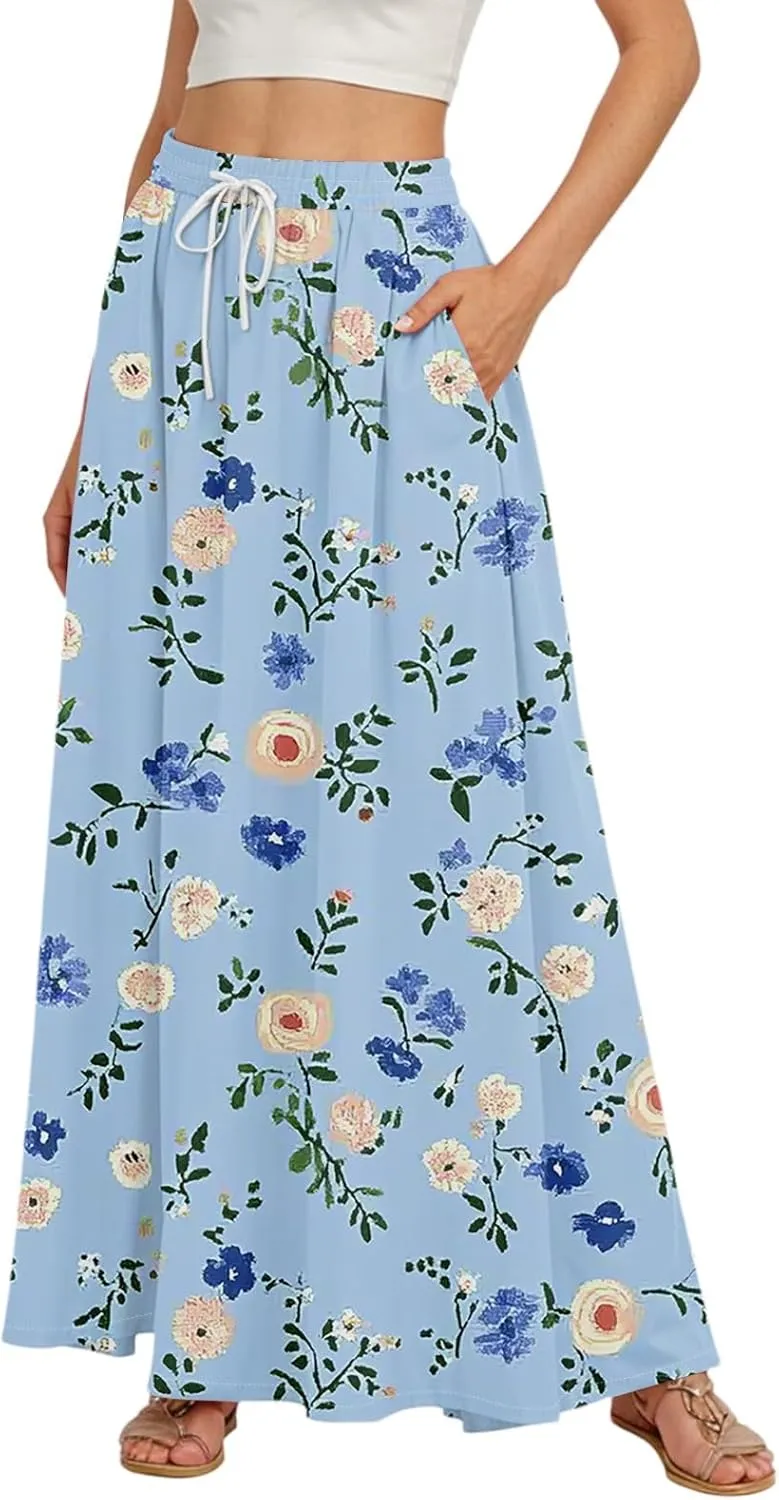 Long Skirts for Women Summer Maxi Skirt Drawstring High Waisted Ruffle A Line Skirt Flowy Beach Skirts with Pockets