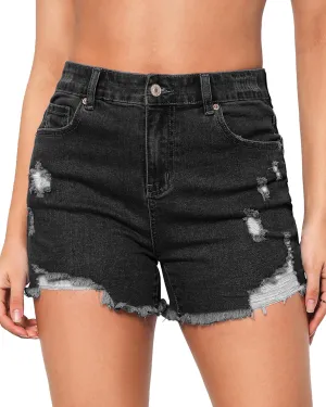 LookbookStore Jean Shorts for Women High Waisted Distressed Frayed Raw Hem Ripped Stretchy Denim Shorts with Pockets
